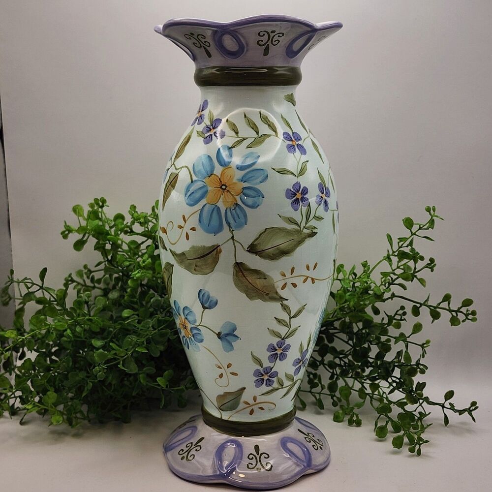VTG Capriware Hand Painted Blue Lavender Floral Cottagecore Vase